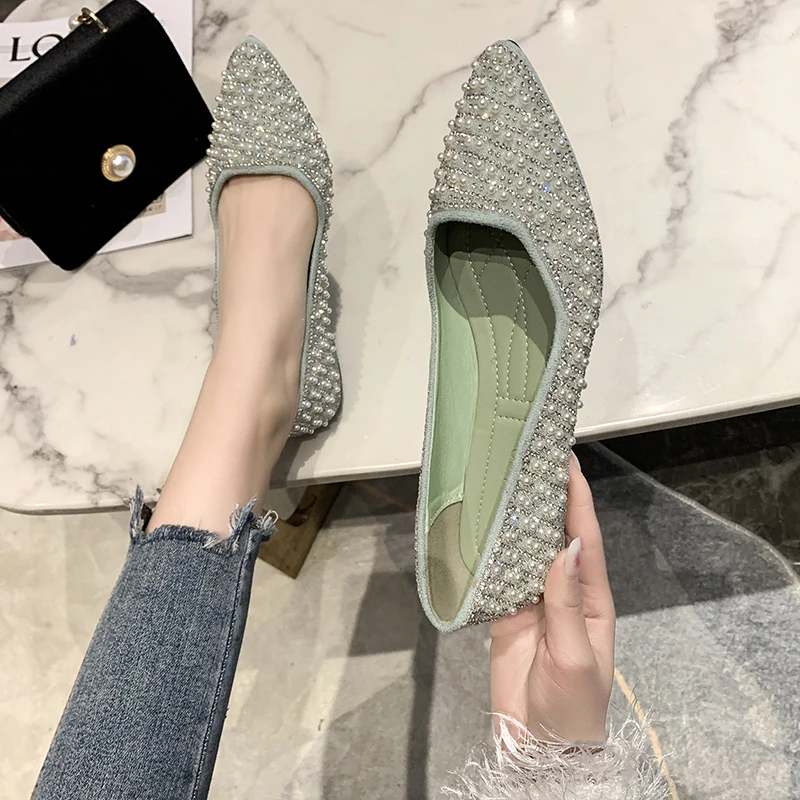 

Pearl Rhinestone Shallow Mouth Women's Shoes 2022 Spring and Summer New Flat-bottomed Fairy Style Gentle Pedal Peas Shoes