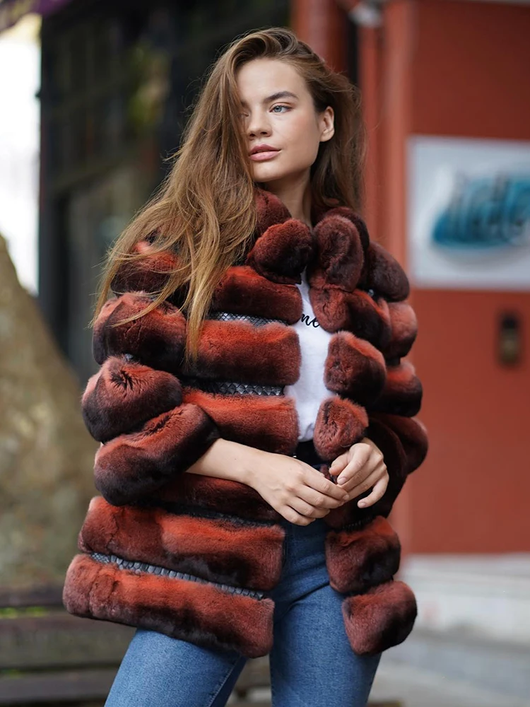 Brick Red Chinchilla Fur Coat Women Luxury Genuine Casual Loose Outertwear Strip Sewed Real Rex Rabbit Fur Jacket Female