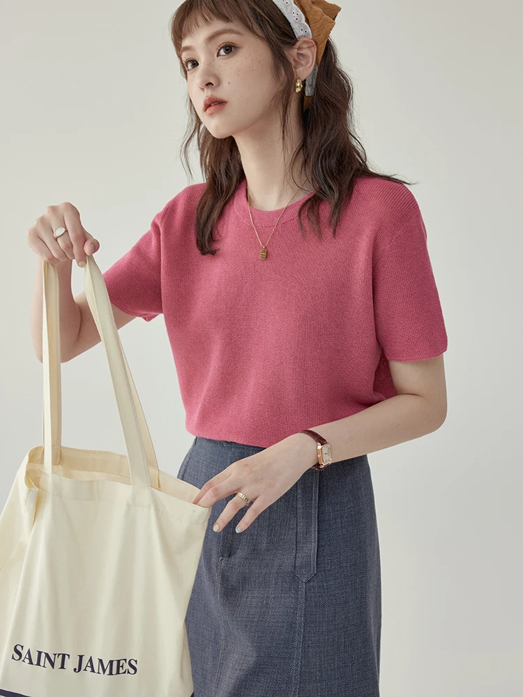 &quotNorth Island Amuu&quot Japan fashion Solid round Neck T-Shirt Knit Summer Loose Slimming Versatile Top