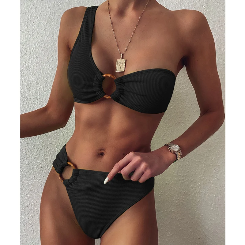 

2023 Summer New One Shoulder Bikini Set 2 Piece Women Swimsuit High Waist Swimwear Sexy Rings Ribbed Bathing Suit Bikinis