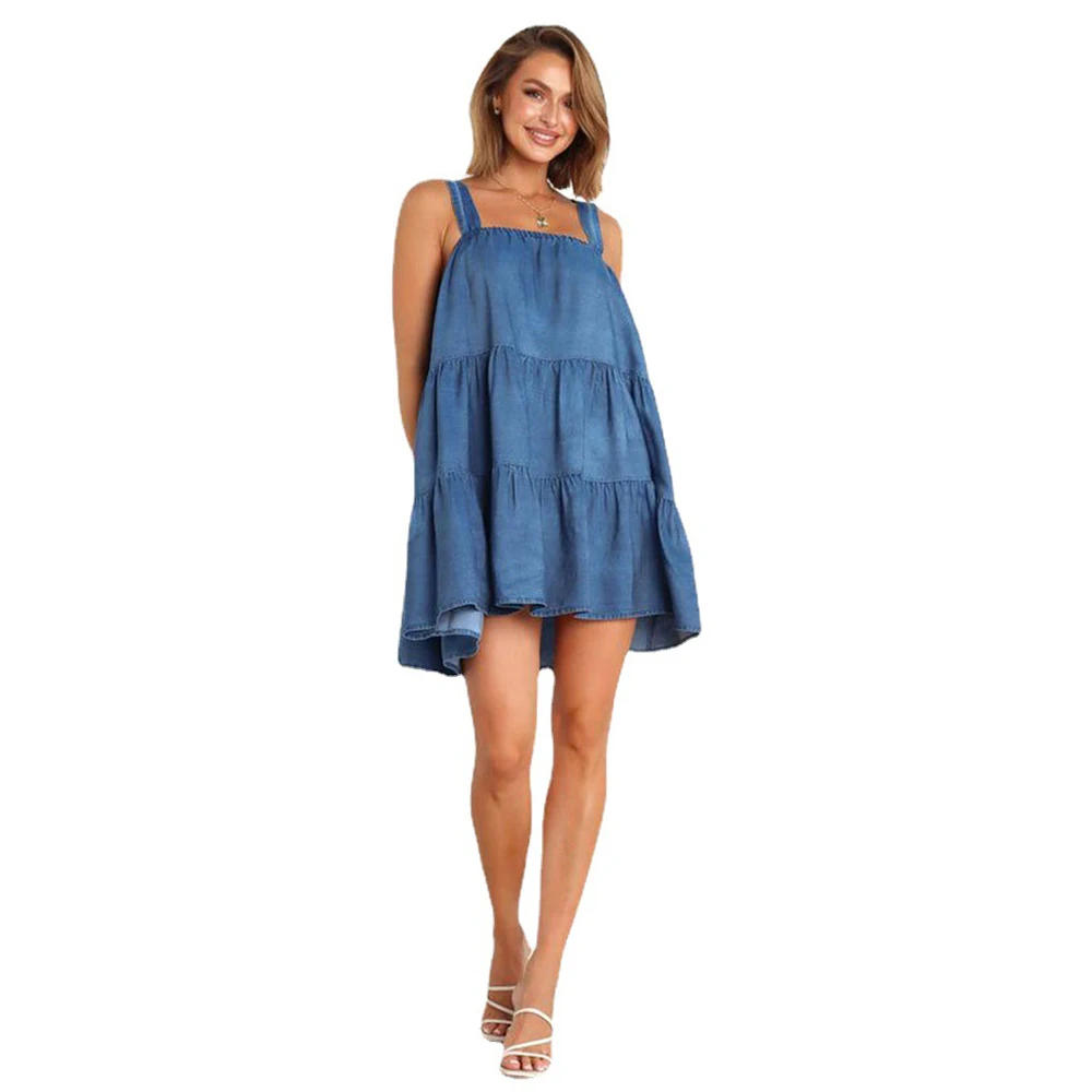 Женское джинсовое платье на бретельках свободное винтажное мини-платье из