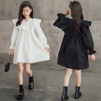 5 to 16y loose teenage girls cotton dresses ruffle long sleeve v neck birthday party casual dress solid children costume clothes