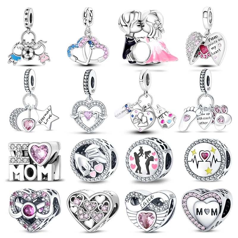 

Real 925 Sterling Silver Pink Series Heart Charms Beads Fit Pandora 925 Original Bracelets DIY Mother's Day Jewelry Gift For Mom