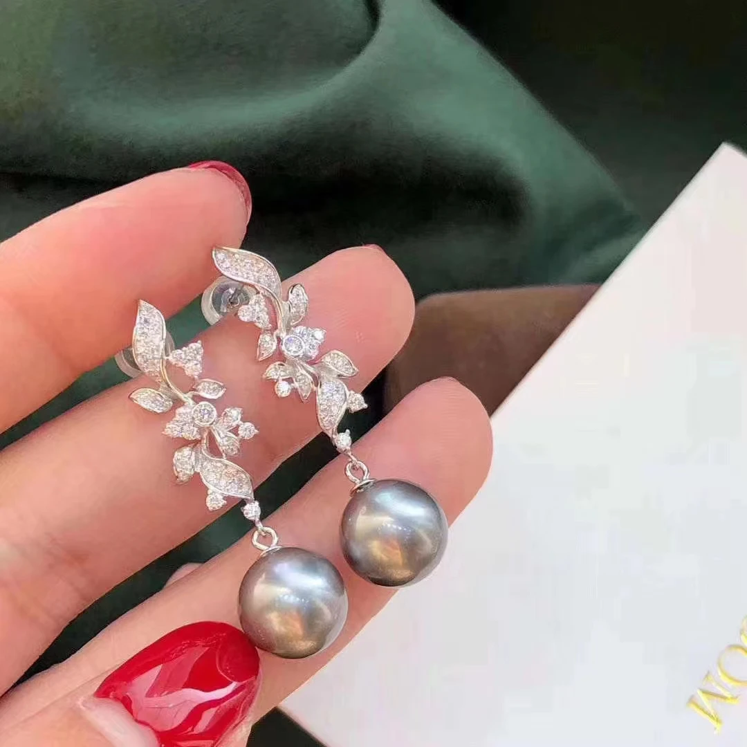 

MJ Pearl Earrings Fine Jewelry Solid 925 Silver Round 9-10mm Nature Ocean Sea Water Tahiti Black Pearls Drop Dangle Earrings