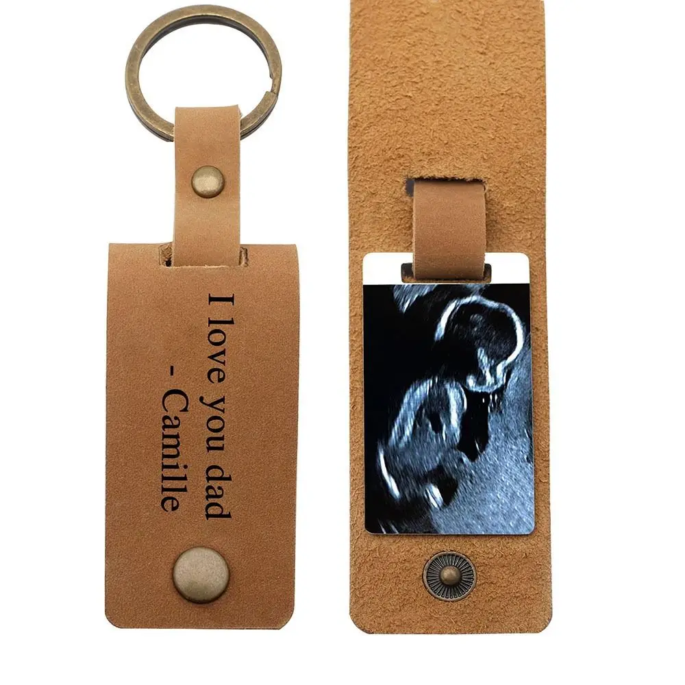 

Gift Souvenir For Dad Mom Metal Ring Photo Keychain Leather Cover DIY Key Chain Thermal Transfer Picture Card