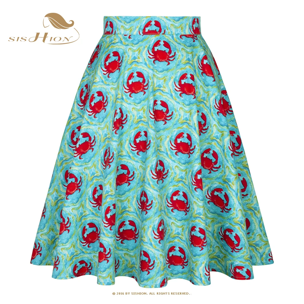 

SISHION Cute Crabs Printed A Line Swing Vintage Skirts VD0020 Kawaii Knee Length Falda Women Summer Printed Cotton Skirt