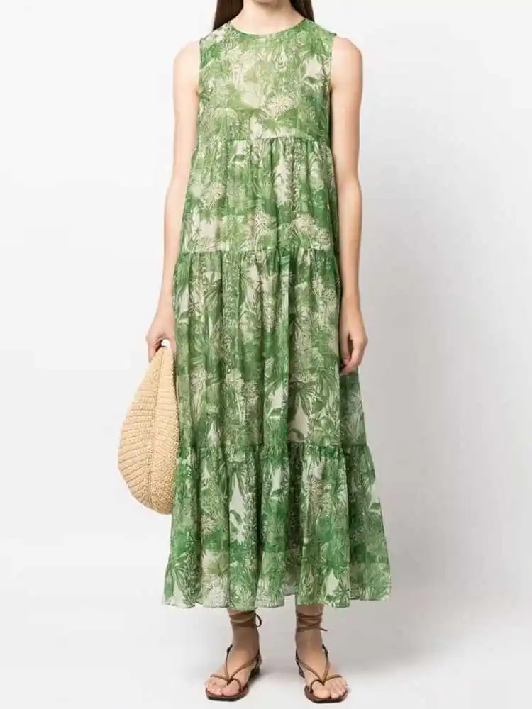 2023 Spring and Summer Loose Dress Sleeveless Printed Round Neck Green Dress + Lined Sling Dress