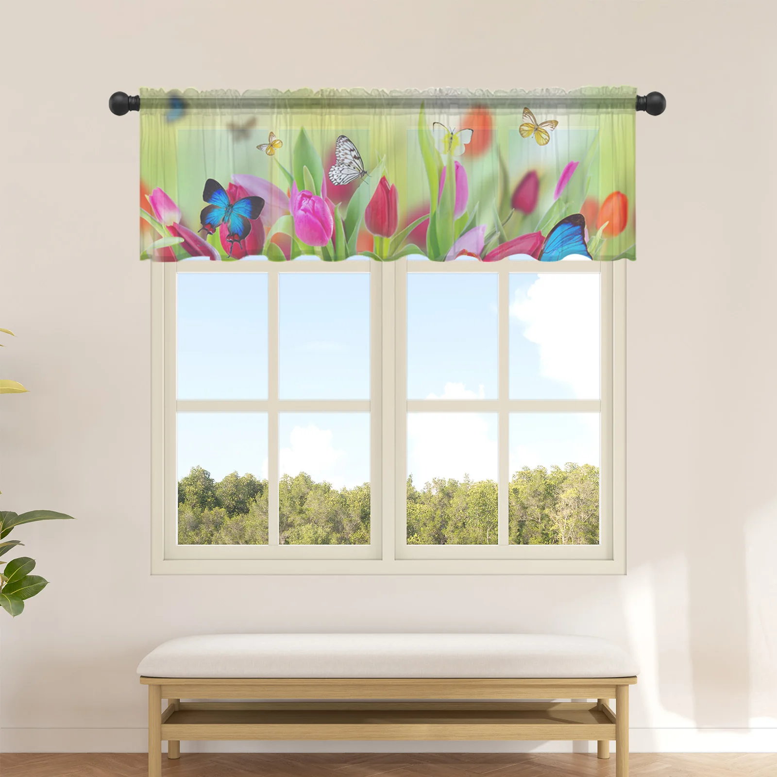 

Butterfly Tulip Leaf Flower Short Tulle Curtain Kitchen Small Curtain Sheer Curtain Living Room Home Decor Voile Drapes