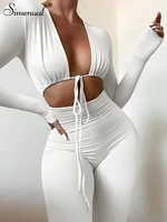 simenual tie up loungewear fitness long sleeve jumpsuits sporty workout active wear fall casual solid outfits simple fashion hot