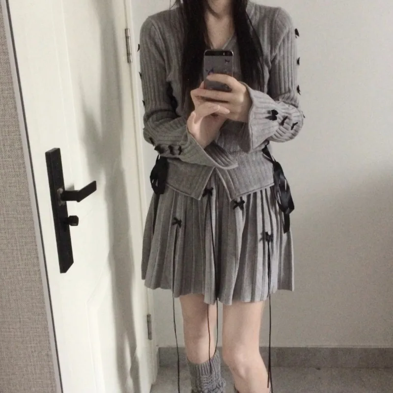 Серые вязаные кардиганы в корейском стиле Deeptown молодежные женские винтажные
