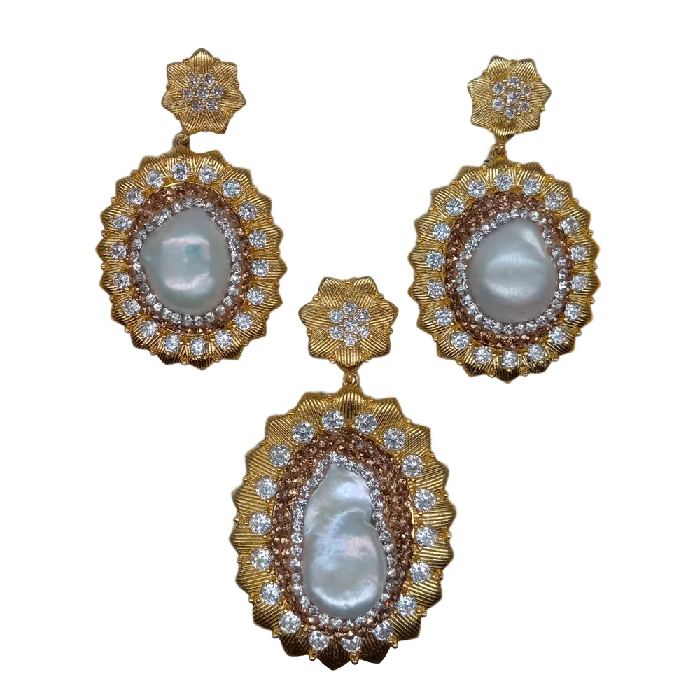 

1Set Freshwater White Keshi Pearl cz Pave Gold plated Pendant Earrings Set