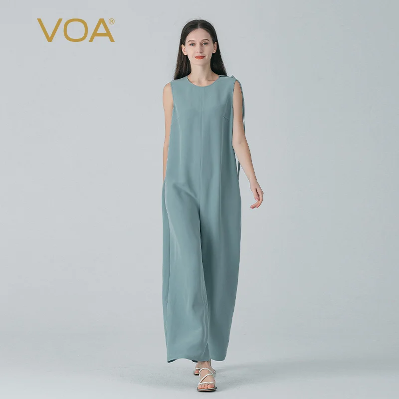 VOA45 Momme Silk Heavy Crepe Haze Blue O-neck Jumpsuit Women Elegance Sleeveless Zipper Loose Waist Fashion Silk Jumpsuits KE873