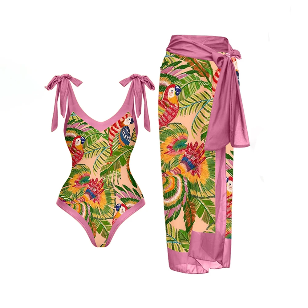 

Birds & Leaves Print Sexy V-Neck Women's Swimsuit Backless Lace-Up Skirts Bowtie Swimwear Symmetrical Thong Bather Bathing Suits