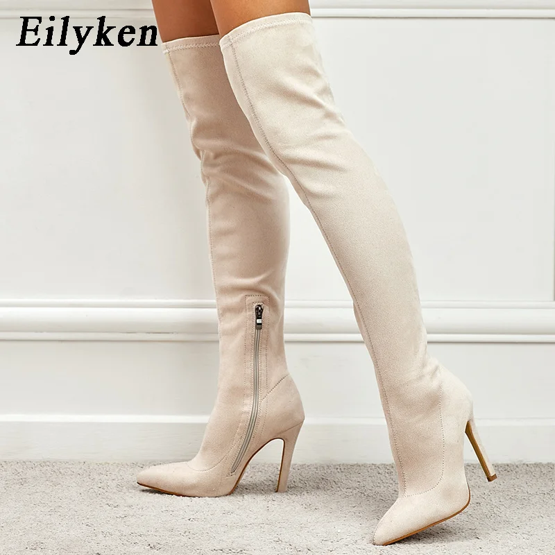 

Eilyken модные с острым носком Сапоги выше колена на очень высоких шпильках женские до бедра эластичные осенне-зимние длинные сапоги из флока