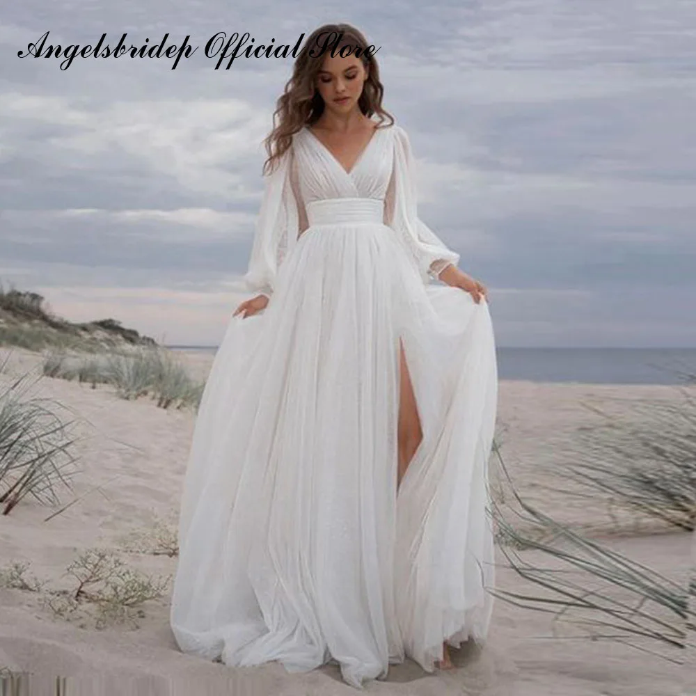 

Angelsbridep Tulle Beach Long Sleeves Wedding Dresses 2022 Sexy Split Train Simple Bridal Gowns Boho Backless Robe De Mariée