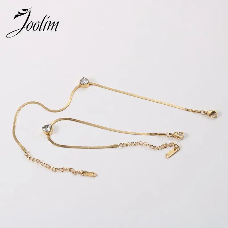 

Joolim Jewelry Wholesale Non Tarnish Dainty Movable Peach Zircon Flat Snake Blade Chain Stainless Steel Anklet for Women