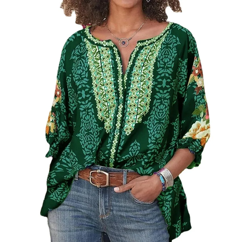 

Women's Shirt Spring and Autumn New Round Neck Fashion Ethnic Style Cardigan Retro Print Long-sleeved Shirt Female