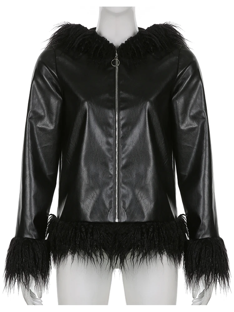 Fall Winter New Style Tassel Fur Stitching Faux Leather Faux Leather Jacket Black Zipper Loose Sweatshirt Casual Jacket fur coat