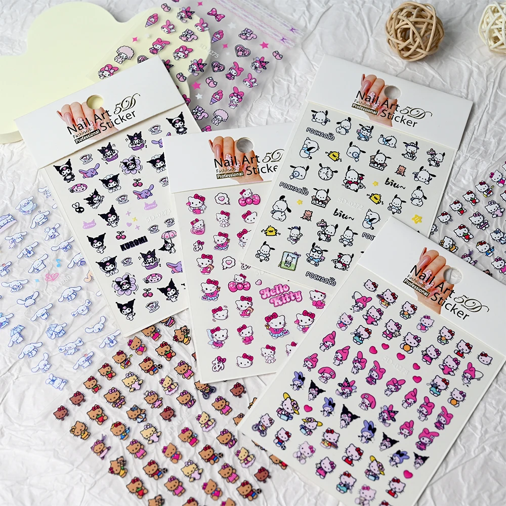 1pcs Black Skin Hello Kitty Kawaii Nail Art Stickers 5D Hawaii Vacation Style Fashion Cartoon Japanese Anime Decals Sticker