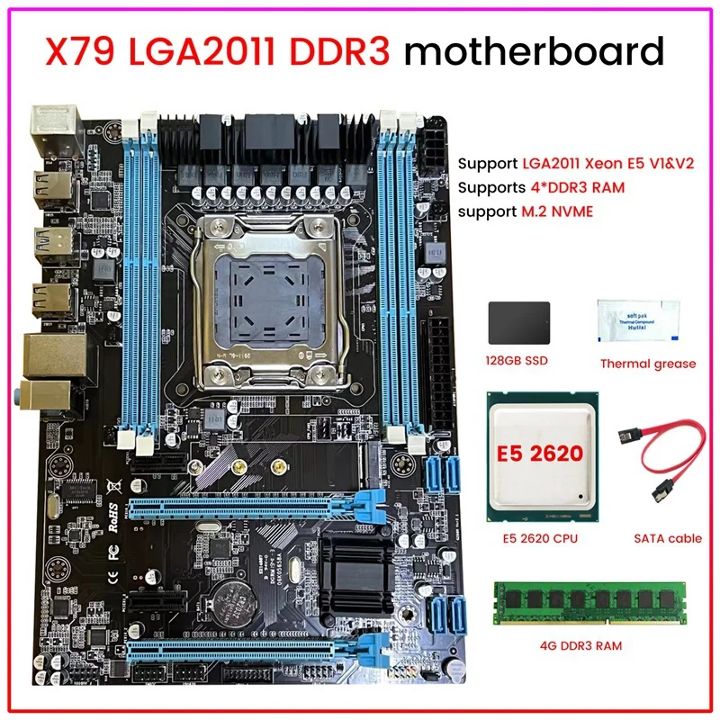 

X79 PC Motherboard Kit+E5 2620 CPU+4G DDR3 RAM+128G SSD+SATA Cable+Thermal Grease LGA2011 4XDDR3 Slot M.2 NVME SATA3.0