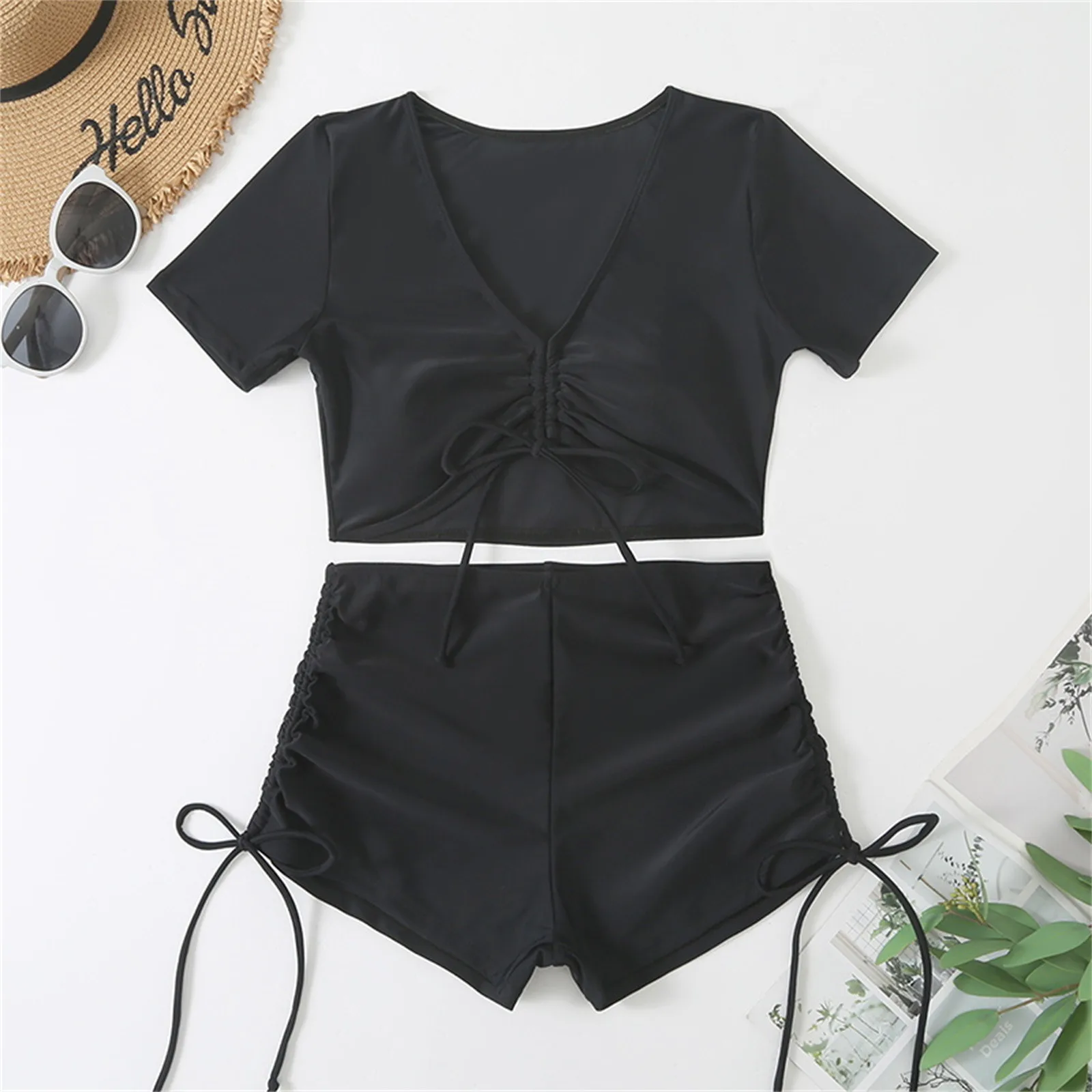 

Women Drawstring Swimdress With Boyshorts 2 Pieces Split Swimsuits Students Tummy Control Swimwear For Vacations Dropshipping