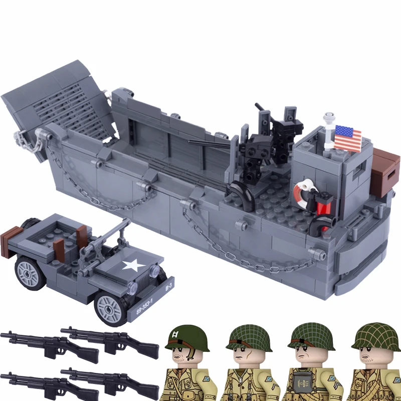 Лсм3 прицеп для посадки, модель джипа, строительные блоки WW2, фигурки солдат ВМС США, военный автомобиль, хиггинсы, игрушки