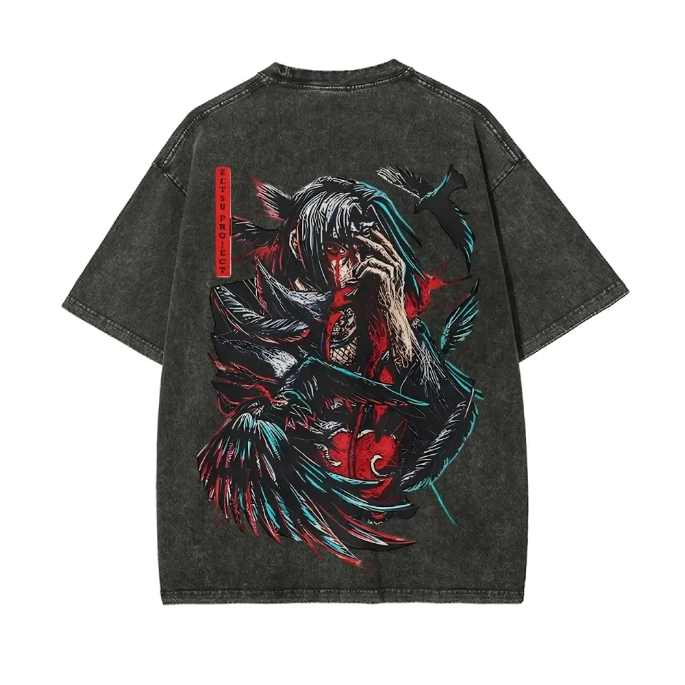 Фото Футболка Naruto Itachi Uchiha Akatsuki Crow Blood, винтажная, с эффектом кислотной стирки, уличная одежда, оверсайз, ретро, с аниме-графикой, хлопковая, мужская №3