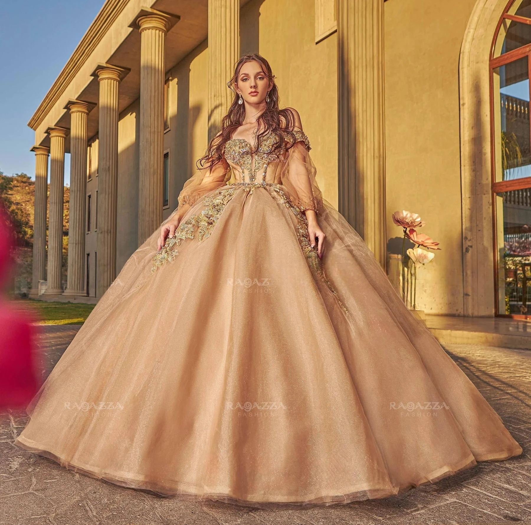 

Champagne Charro Quinceanera Dresses Ball Gown Off The Shoulder Tulle Appliques Pearls Puffy Mexican Sweet 16 Dresses 15 Anos