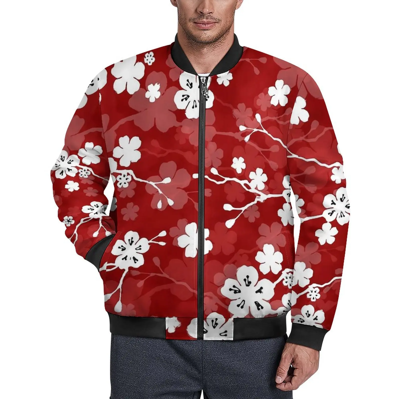 

Куртка мужская демисезонная с цветочным принтом, Повседневная ветровка свободного покроя на молнии, с принтом вишневого цветка, большие размеры, красный и белый