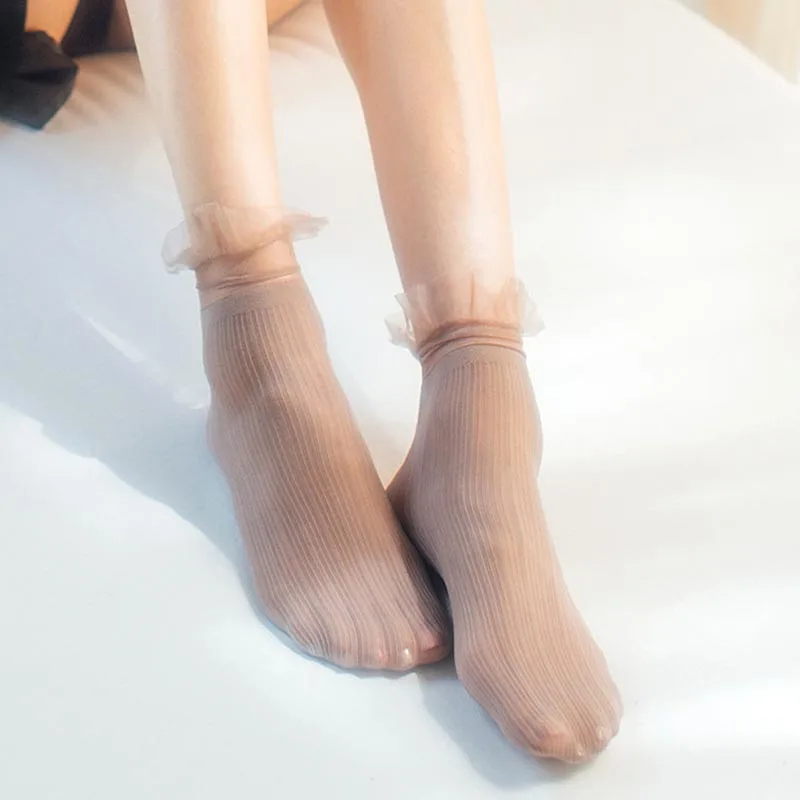 5 Pairs Spring Summer Velvet Silk Socks Women Lace Crystal Socks Soft Classic Ultrathin Comfortable Transparent Princess Socks