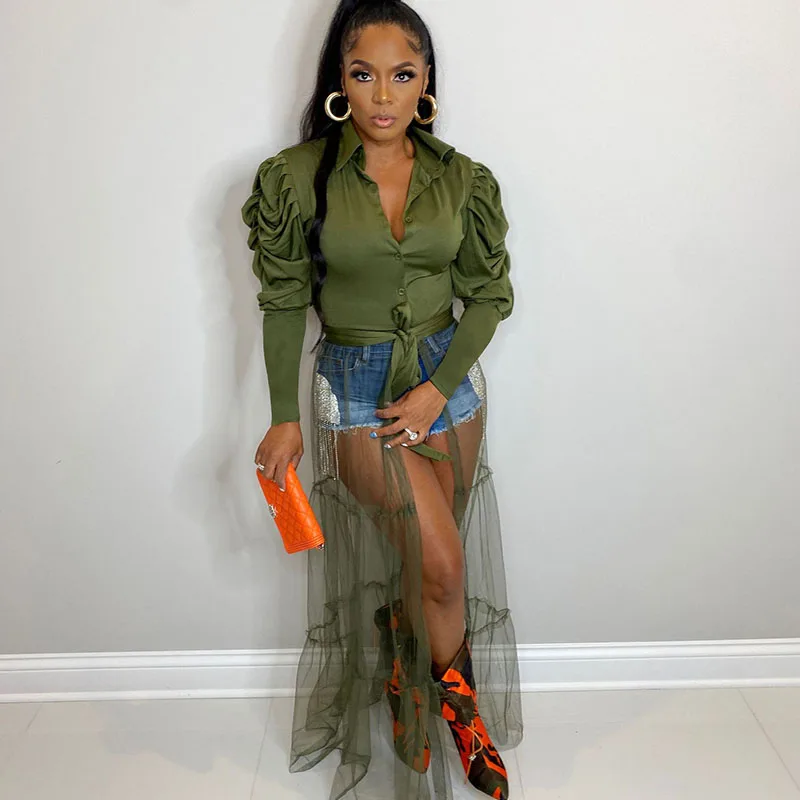 

Женское Сетчатое Прозрачное платье макси, вечерние нее платье-блузка с отложным воротником и пышными рукавами, одежда Y2K для весны и осени