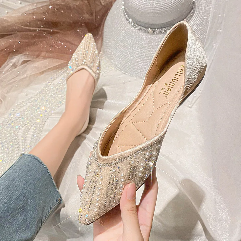 

New Women Flat Ballet Shoes String Bead Bling Crystal Pointed Toe Flats Shoes Elegant Lady Shoes Wedding Shoes Plus Size 43