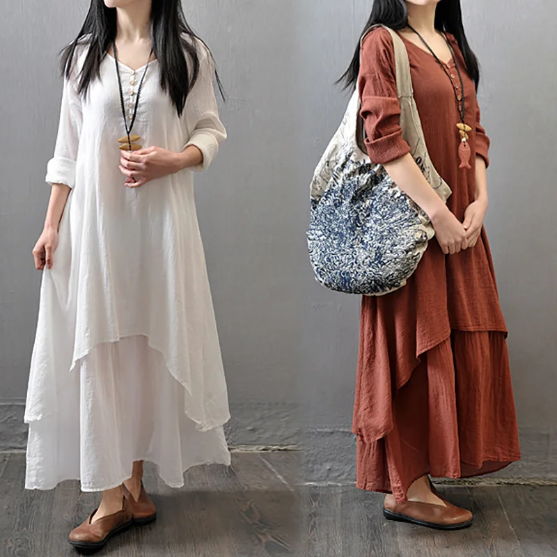 

2023 new Summer Women Boho Vintage Kaftan Loose Gypsy Maxi Dress Fake Two-piece Literary Irregular Large Swing Dress Robe