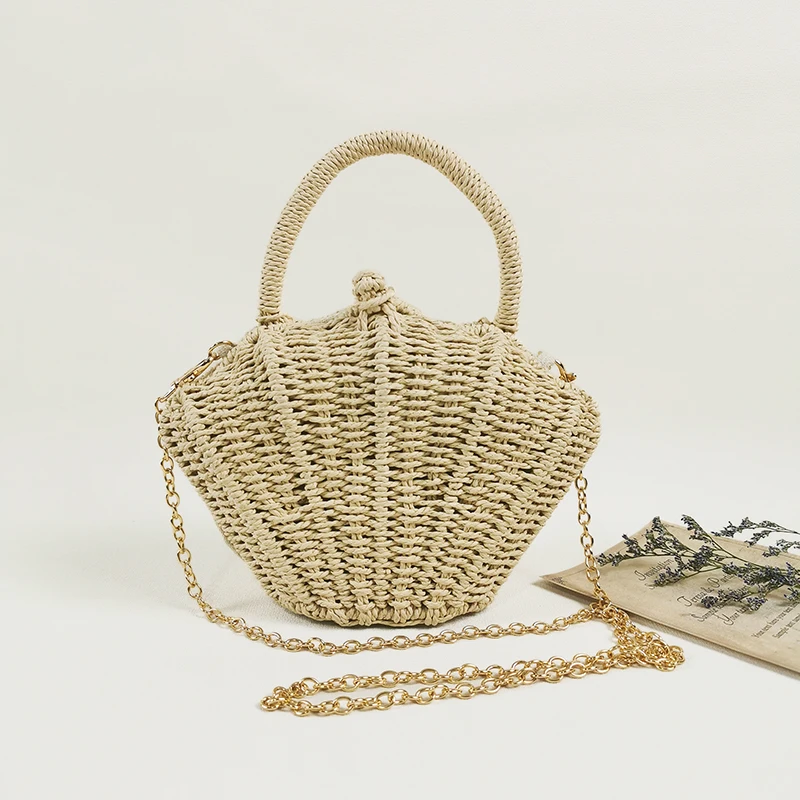 Luxury Design Creative Beach Shell Woven Handbag for Women 2022 Summer Ladies Handmade Straw Bag Cute Shoulder Crossbody Bag