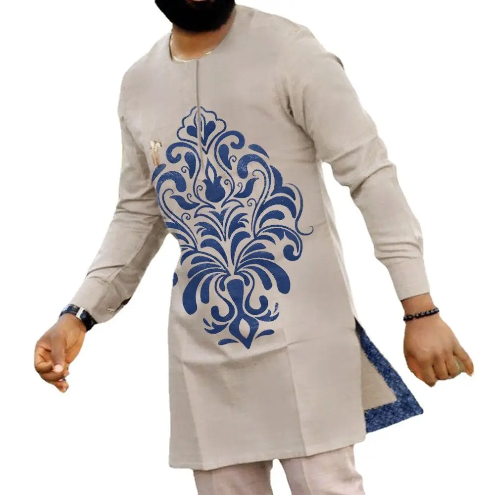 

Men's Set Ethnic Style Solid Color Pockets Long-sleeved Top Trousers Men's Clothing 2 piece outfit Suit Casual Dashiki Tees Pant
