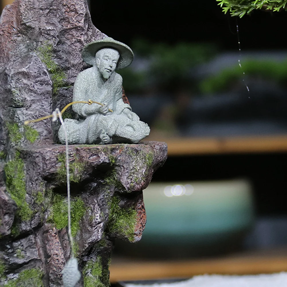 

Fisherman Statue Fishing Men Decor Succulent Accessory Landscaping Bonsai Figurine Sandstone Modeling Elder