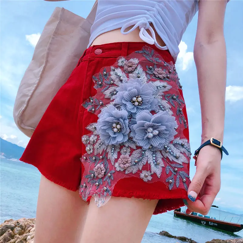 

Женские джинсы с завышенной талией, облегающие тонкие шорты большого размера с аппликацией из бисера, Корейская версия, лето