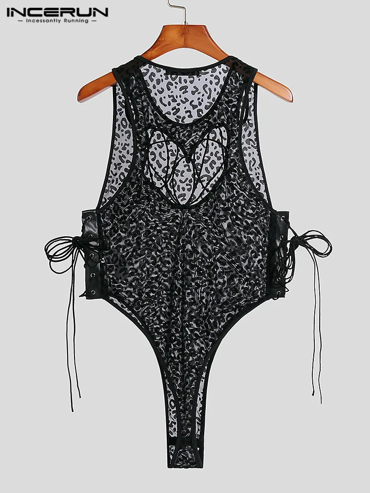 INCERUN Sexy Fashion Homewear Men See-through Mesh Hollow Jumpsuit Casual Male Comfortable Drawstring Sleeveless Bodysuits S-5XL
