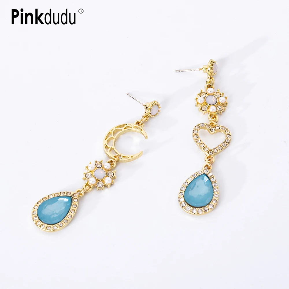 

Pinkdudu Fashion Baroque Love Moon Blue Earrings Elegant Alloy Rhinestone Ocean Heart Stud Earrings for Women Jewelry Gift PD738