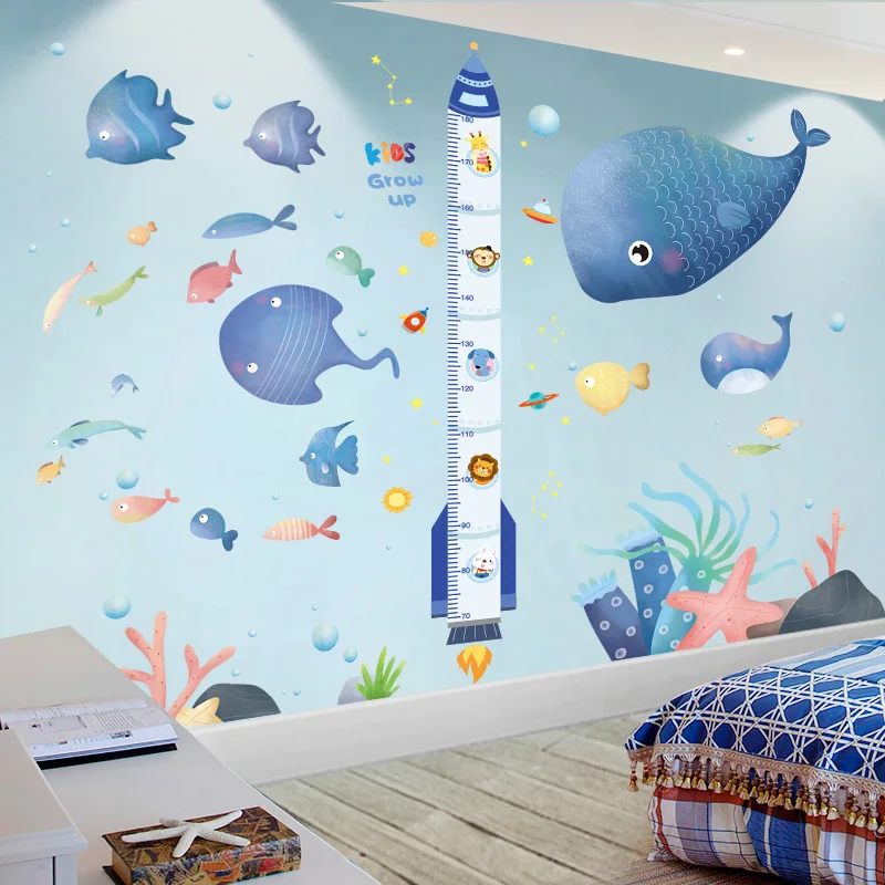 

[shijuekongjian] Cartoon Rocket Height Wall Stickers DIY Fish Animals Mural Decals for Kids Rooms Baby Bedroom Home Decoration