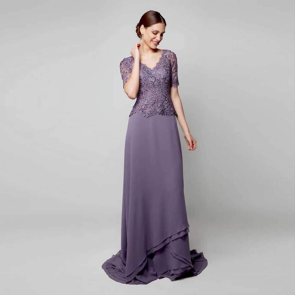 

V-Neck Mother Of Bride Dresses Short Sleeve Sweep Train Evening Dresses Lace Roffles Wide-Wasited For Woman Dresses