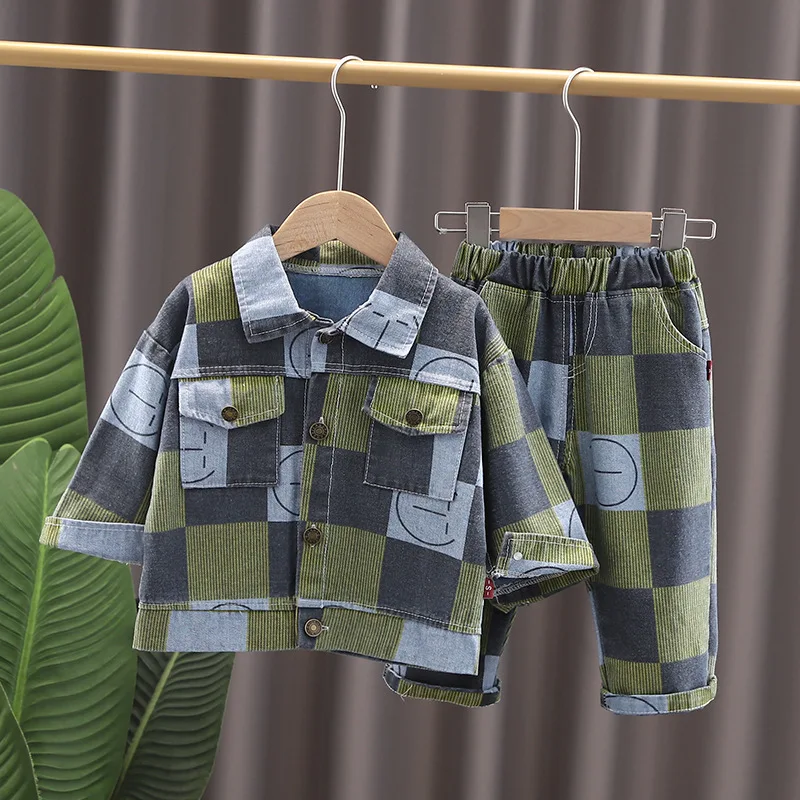 

Baby Boy Girl Clothes Sets Fashion Childern Infant Splicing Plaid Denim Clothing New Spring Autumn Toddler Coat+Pants 2pcs Suits