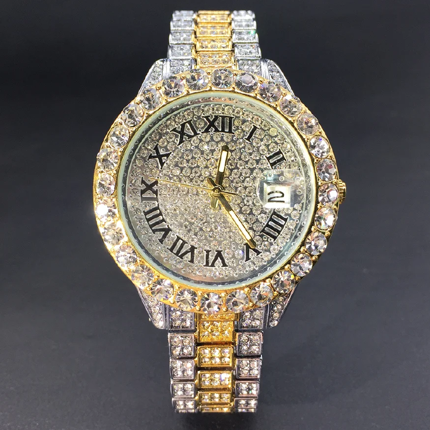 MISSFOX Big Diamond Woman Watch Gold And Silver Luxury Quartz Watches Women Round Fashion Iced Out Roman Small Wristwatch Couple