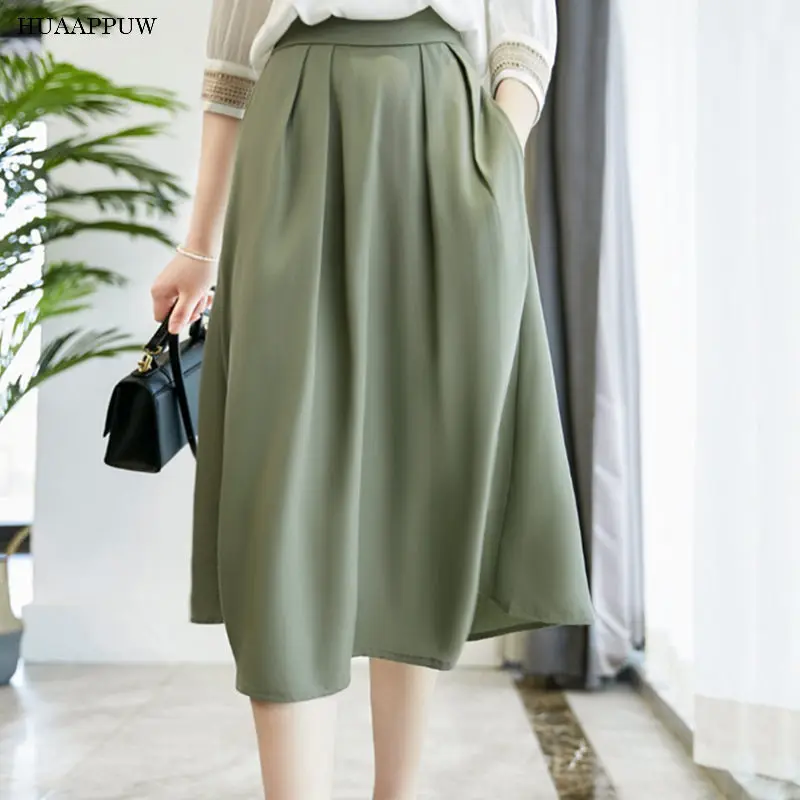 

Elegant Temperament Cool Breathable Elastic Waist Skirt Women's 2022 Summer New Solid Color Versatile A-line Skirt