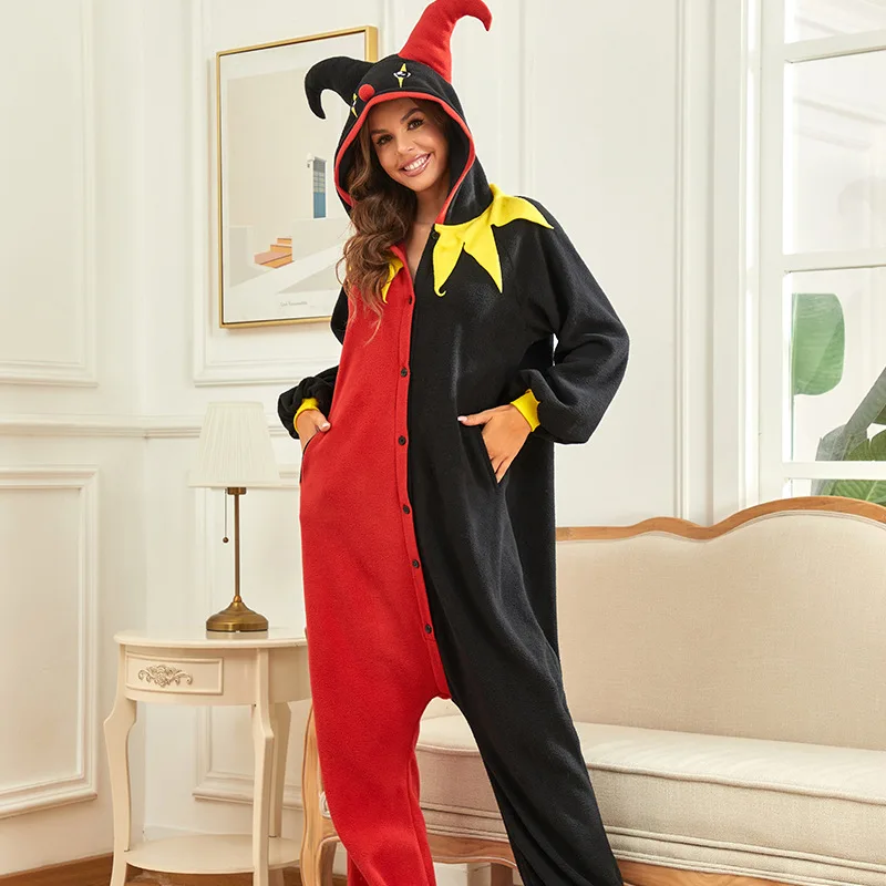 

Halloween Clown Onesie Joker Kigurumis Women Pajama Funny Cute Overalls Winter Homewear Festival Jumpsuit Outfit Button Adult