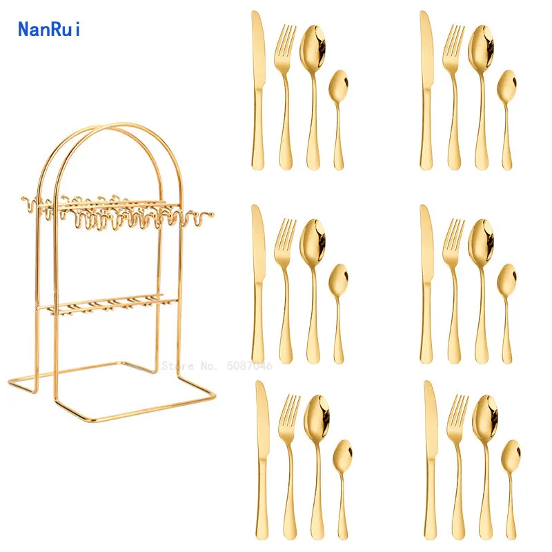 

25PCS Upscale Western Tableware Set Stainless Steel Cutlery Set With Storage Rack Knife Fork Coffee Spoon Utensils for Kitchen