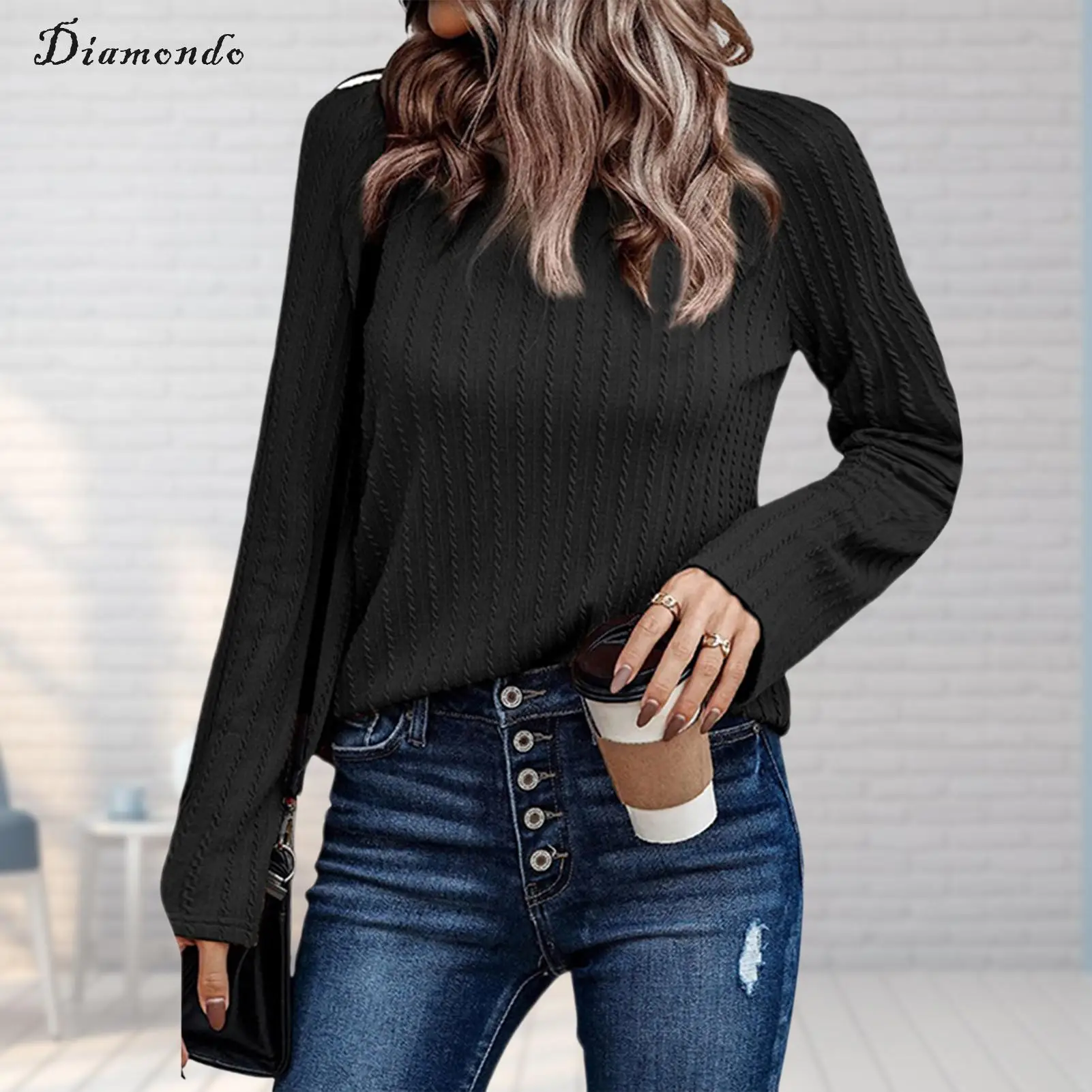 

Solid Color Ladies Knitwear Top Crew Neck Long Sleeve Top Women Simple Tunic Top Loose Fit Elegant Pleated Vacation Outfit