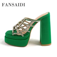 fansaidi platform silver green square to slippers fashion womens shoes summer block heels sexy waterproof green chunky heels 40
