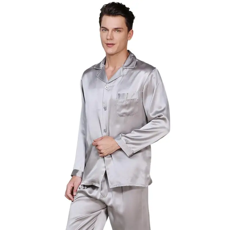

High Quality 100% Real Silk Men Pajamas Sets All Season 100% Mulberry Silk Long Sleeve Pyjama Homme Luxury Sleepwear Size