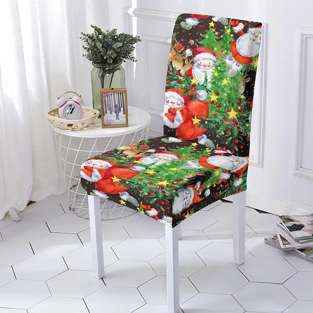 

Santa Claus Print Seat Chair Cover Elastic Dining Chair Cover For Wedding Banquet Party Polyester Seat Protector Universal Size